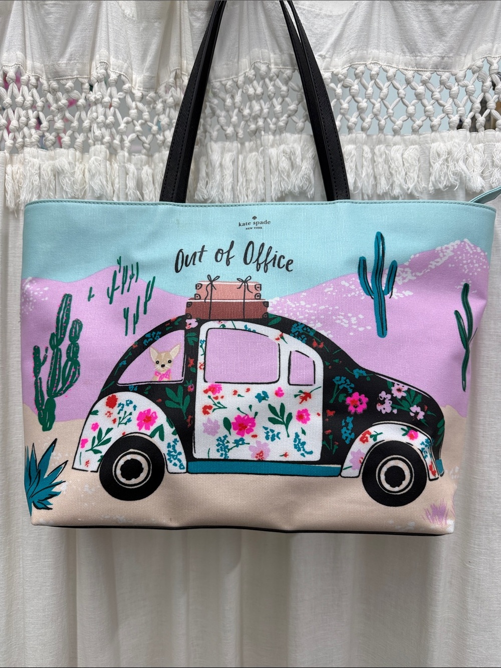 Kate Spade New Horizons Out of Office Canvas Tote VW Beetle Chihuahua